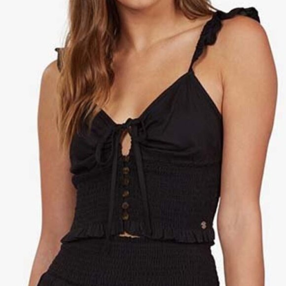 NWT ROXY Light Sky Black Smocked Sleeveless Tank Crop Top XS - Picture 2 of 6